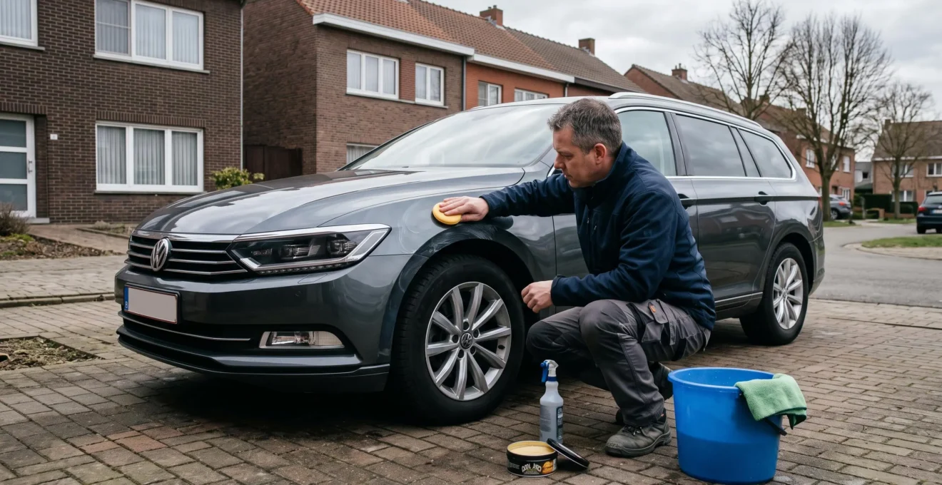 Une personne applique une fine couche de cire sur l'aile avant d'une voiture à l'aide d'une mousse applicatrice, dans une allée résidentielle sous un ciel couvert.