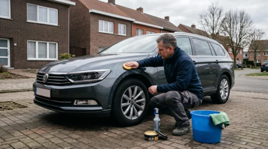 Une personne applique une fine couche de cire sur l'aile avant d'une voiture à l'aide d'une mousse applicatrice, dans une allée résidentielle sous un ciel couvert.