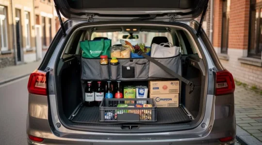 Coffre de voiture ouvert et bien organisé avec un organisateur compartimenté contenant des courses, des bouteilles placées en bas et des objets légers au-dessus
