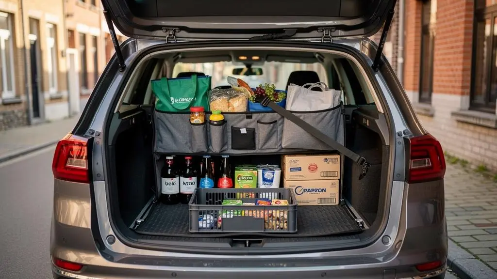 Coffre de voiture ouvert et bien organisé avec un organisateur compartimenté contenant des courses, des bouteilles placées en bas et des objets légers au-dessus