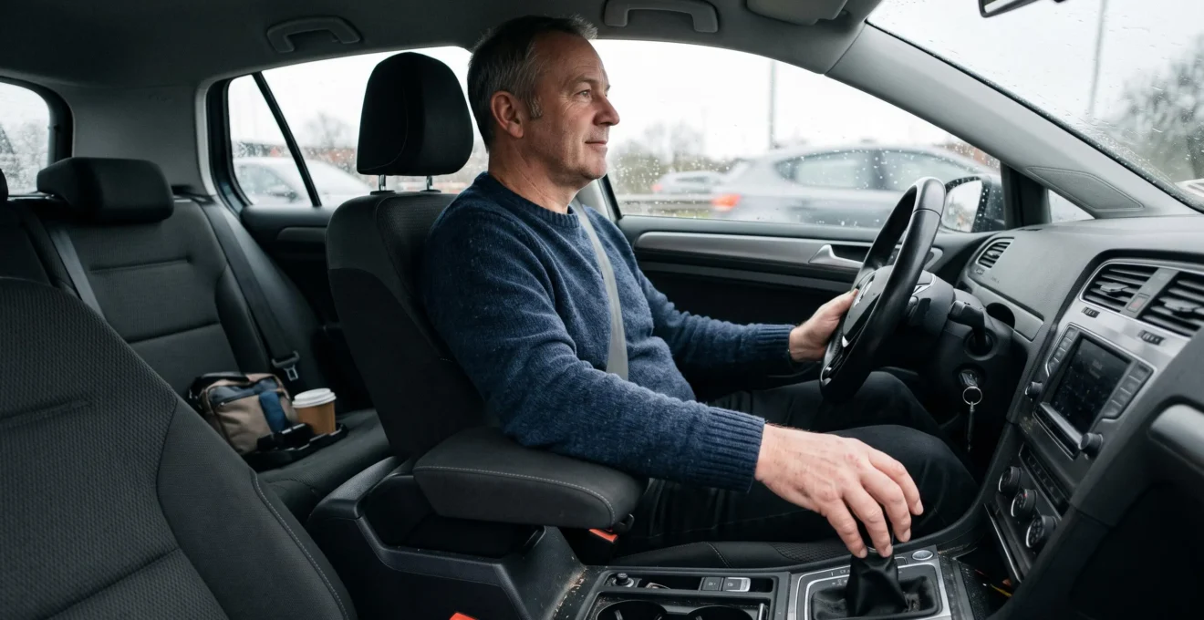 Un conducteur roule avec le coude détendu et l'avant-bras posé sur l'accoudoir central réglé à la bonne hauteur.