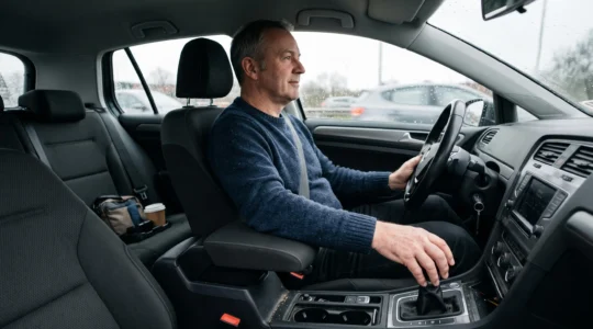 Un conducteur roule avec le coude détendu et l'avant-bras posé sur l'accoudoir central réglé à la bonne hauteur.