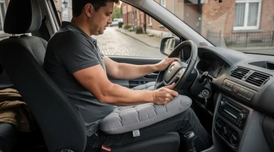 Un conducteur ajuste un coussin ergonomique sur son siège de voiture et vérifie sa position en gardant les poignets sur le volant.