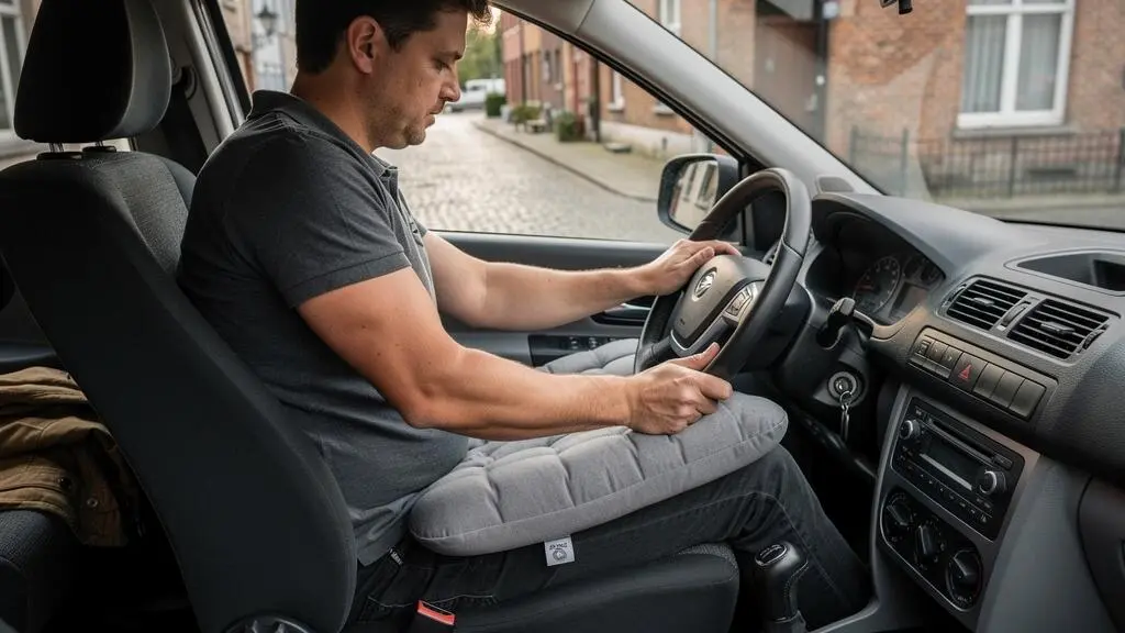 Un conducteur ajuste un coussin ergonomique sur son siège de voiture et vérifie sa position en gardant les poignets sur le volant.
