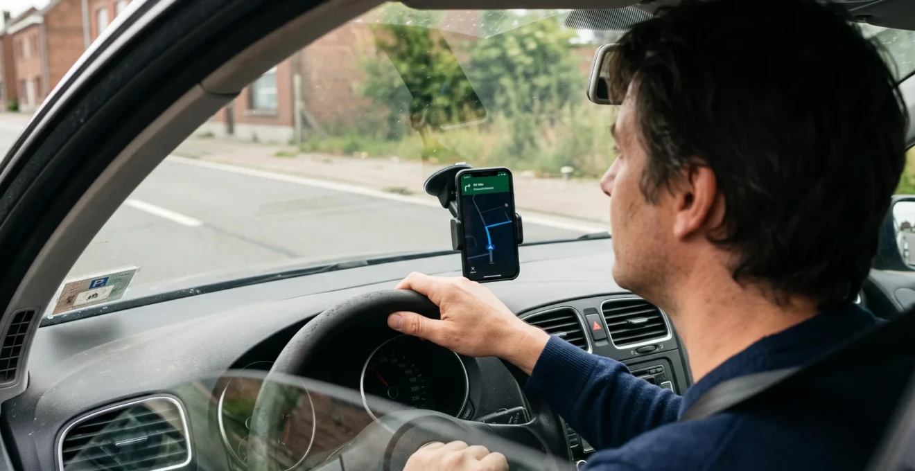 Un conducteur belge regarde brièvement un smartphone fixé en haut du tableau de bord, dans son axe de vision, tout en tenant le volant.