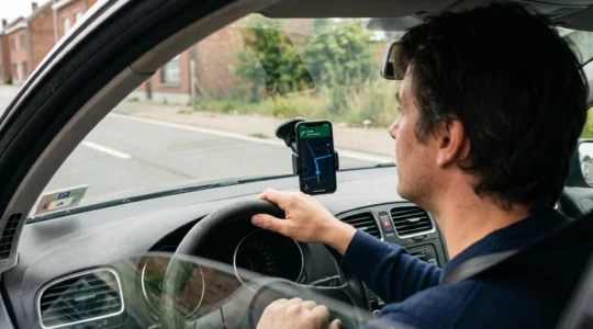 Un conducteur belge regarde brièvement un smartphone fixé en haut du tableau de bord, dans son axe de vision, tout en tenant le volant.
