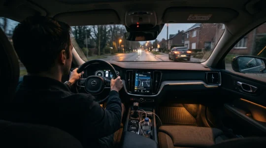 Conducteur de nuit au volant d'une voiture éclairée par un éclairage d'ambiance tamisé sous le tableau de bord.