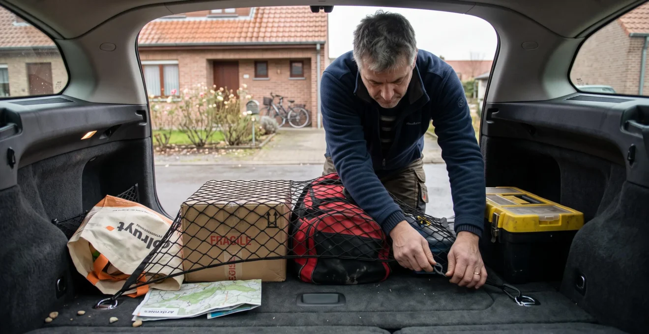 Une personne tend un filet de maintien sur des objets et cartons placés dans le coffre ouvert d'une voiture stationnée devant une habitation.