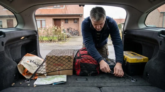 Une personne tend un filet de maintien sur des objets et cartons placés dans le coffre ouvert d'une voiture stationnée devant une habitation.
