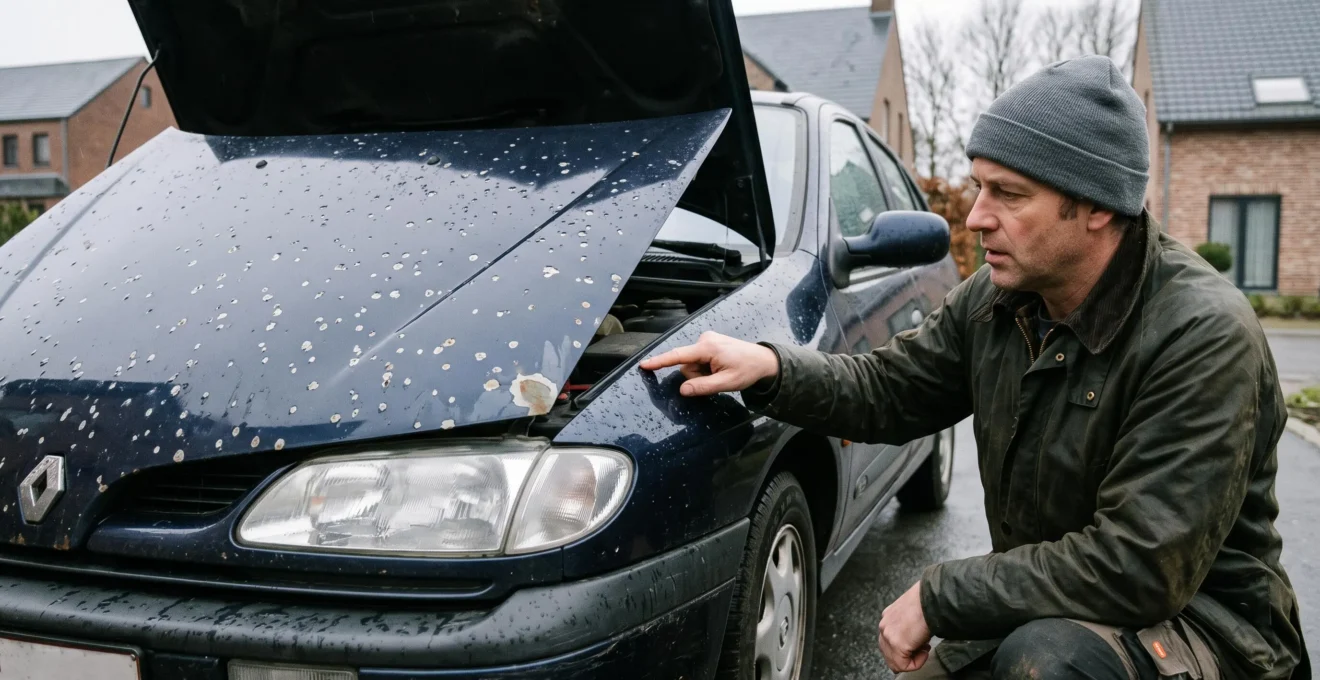Une personne examine les impacts de gravillons sur le capot d'une voiture garée dans une allée sous un ciel couvert.