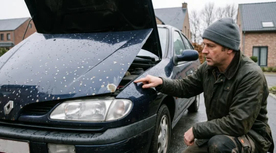 Une personne examine les impacts de gravillons sur le capot d'une voiture garée dans une allée sous un ciel couvert.