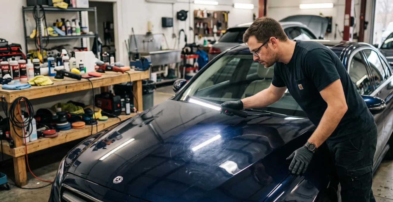Un professionnel inspecte la carrosserie d'une voiture sous une lumière rasante pour révéler les micro-rayures avant l'application d'un traitement céramique.