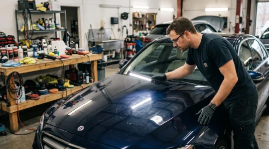 Un professionnel inspecte la carrosserie d'une voiture sous une lumière rasante pour révéler les micro-rayures avant l'application d'un traitement céramique.