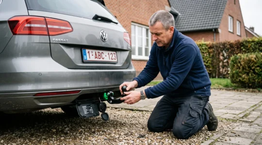 Une personne clippe une rotule d'attelage amovible derrière le pare-chocs d'une voiture stationnée devant une maison.