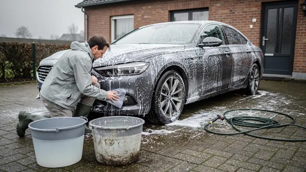 Une personne lave une voiture à la main avec deux seaux, l'un pour rincer le gant et l'autre pour l'eau savonneuse, dans une allée pavée.