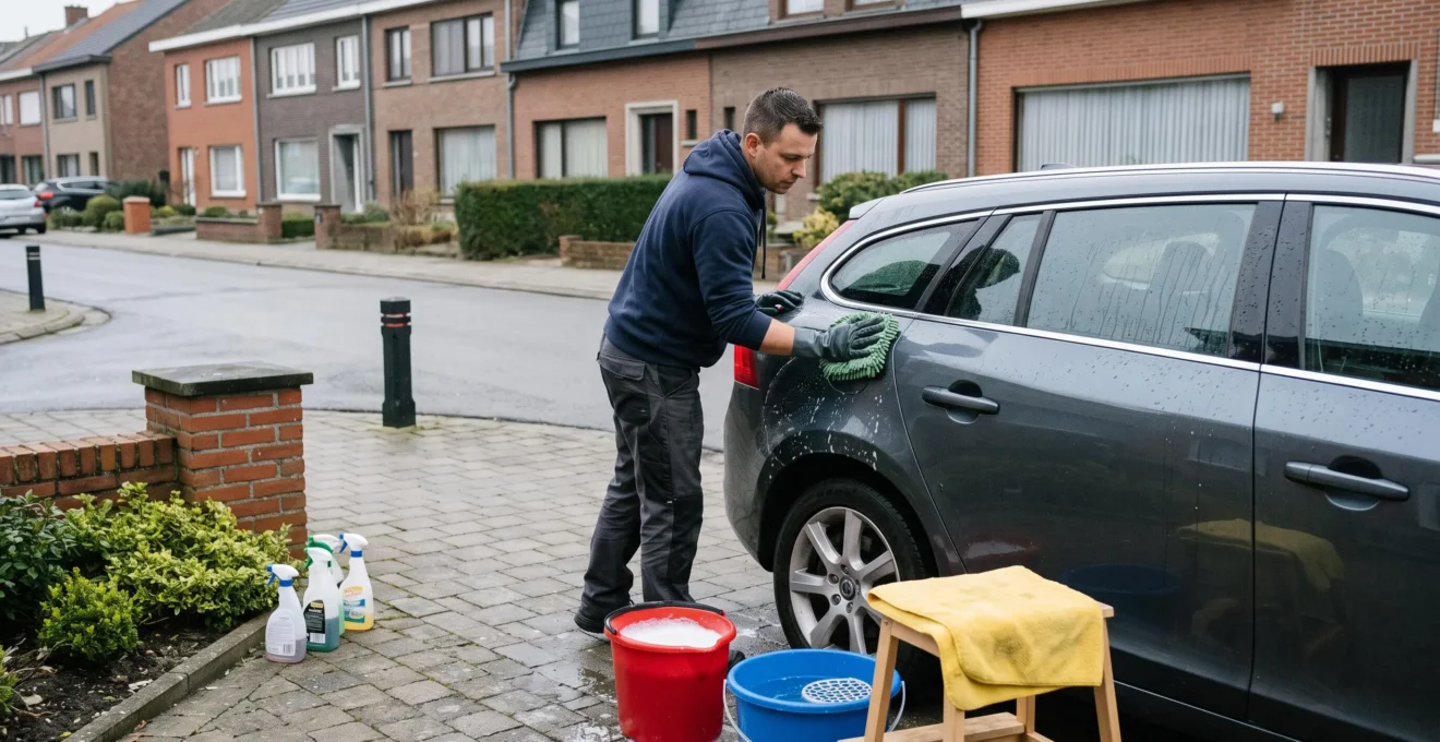 Une personne lave sa voiture à la main avec un gant en microfibre dans une allée pavée, à côté de deux seaux de lavage.