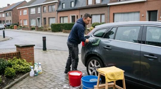 Une personne lave sa voiture à la main avec un gant en microfibre dans une allée pavée, à côté de deux seaux de lavage.