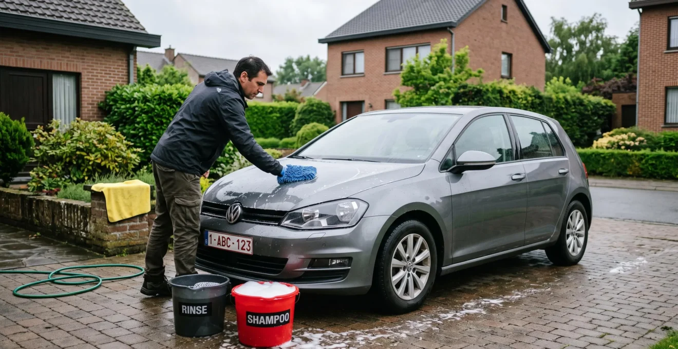 Une personne lave le capot d'une voiture avec un gant en microfibre et la méthode des deux seaux devant une maison en Belgique.