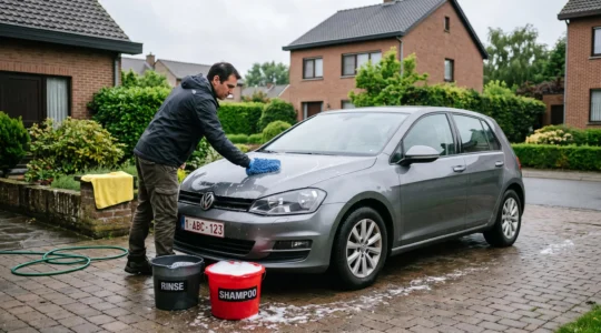 Une personne lave le capot d'une voiture avec un gant en microfibre et la méthode des deux seaux devant une maison en Belgique.