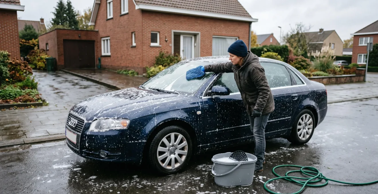 Une personne lave à la main le toit d'une voiture avec un gant en microfibre et un seau d'eau savonneuse dans une allée résidentielle.