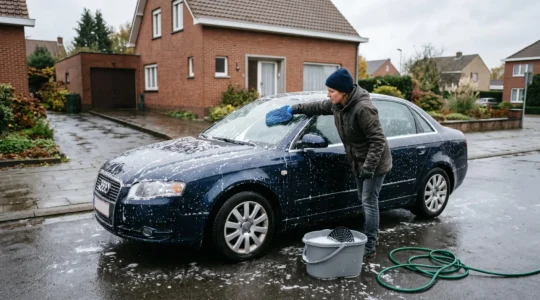 Une personne lave à la main le toit d'une voiture avec un gant en microfibre et un seau d'eau savonneuse dans une allée résidentielle.