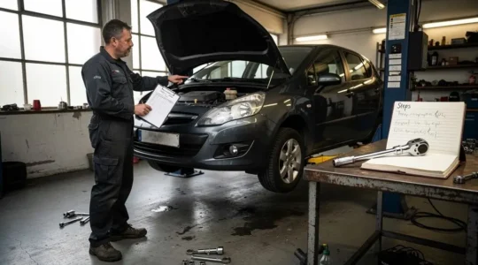 Un mécanicien examine le compartiment moteur d'une voiture sur un pont élévateur tout en tenant un plan de travail écrit dans un garage indépendant.