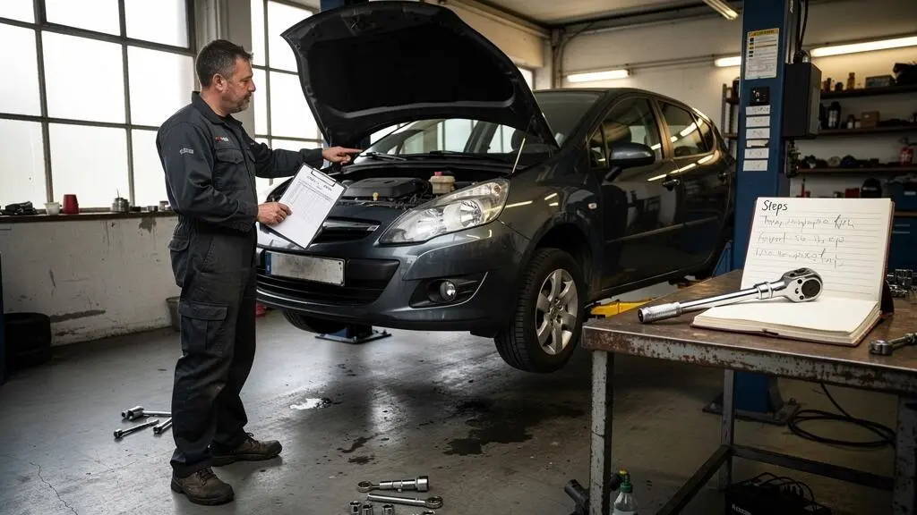 Un mécanicien examine le compartiment moteur d'une voiture sur un pont élévateur tout en tenant un plan de travail écrit dans un garage indépendant.