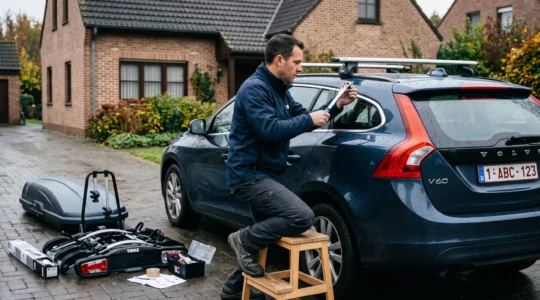 Une personne fixe une barre de toit sur les rails d'une voiture stationnée devant une maison, un coffre de toit et un porte-vélos posés au sol à côté.