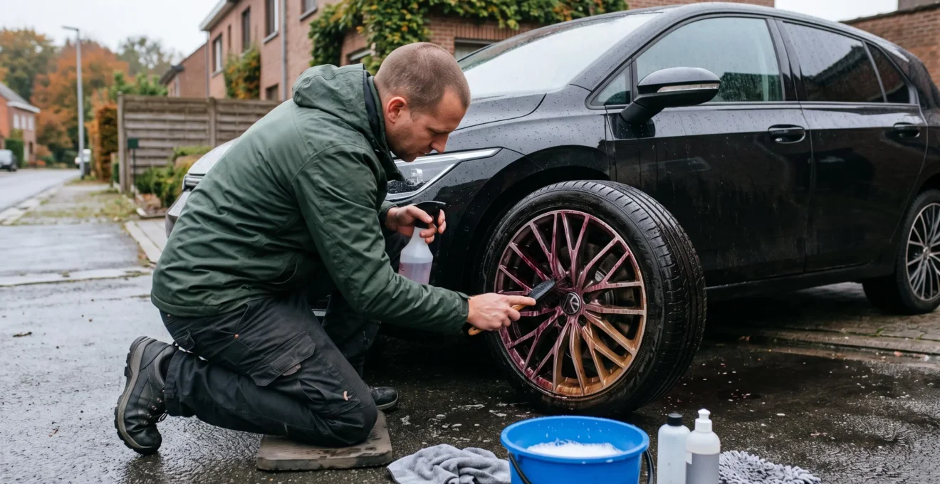 Une personne nettoie la jante d'une voiture avec une brosse et un décontaminant ferreux dont la réaction violette est visible sur la roue.