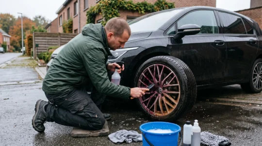 Une personne nettoie la jante d'une voiture avec une brosse et un décontaminant ferreux dont la réaction violette est visible sur la roue.
