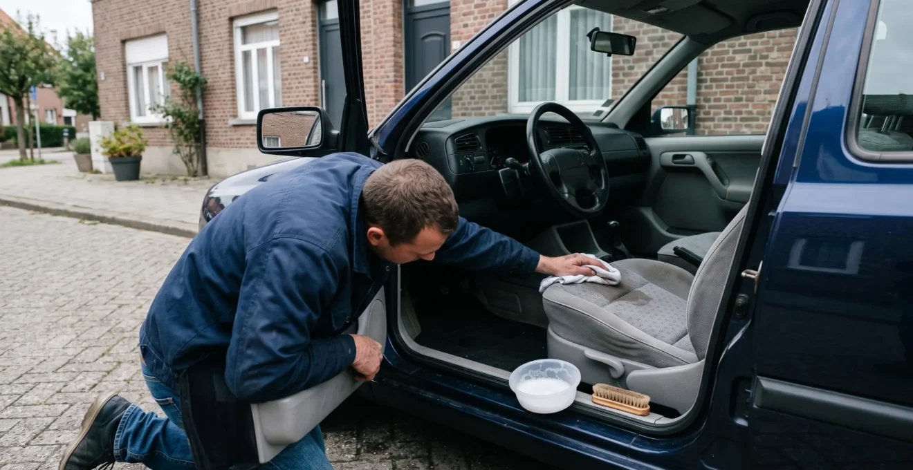 Une personne tamponne délicatement une tache sur un siège de voiture en tissu avec un chiffon à peine humide, portière ouverte devant une maison en briques.