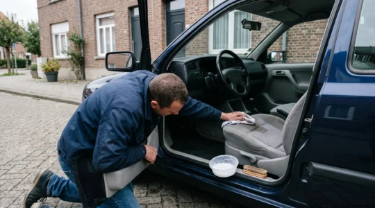 Une personne tamponne délicatement une tache sur un siège de voiture en tissu avec un chiffon à peine humide, portière ouverte devant une maison en briques.