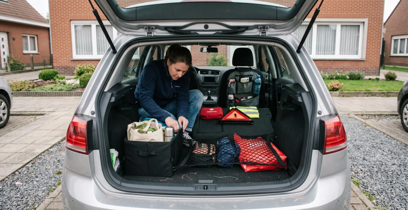 Une personne organise le coffre de sa voiture avec une boîte pliable, un filet de rangement et des objets placés contre le dossier de la banquette.