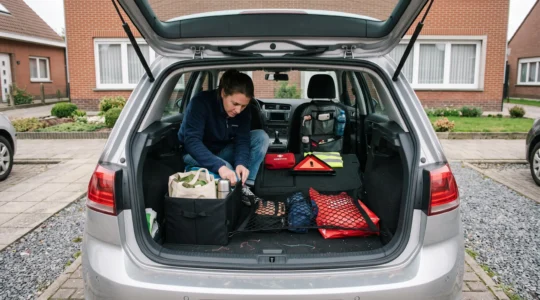 Une personne organise le coffre de sa voiture avec une boîte pliable, un filet de rangement et des objets placés contre le dossier de la banquette.