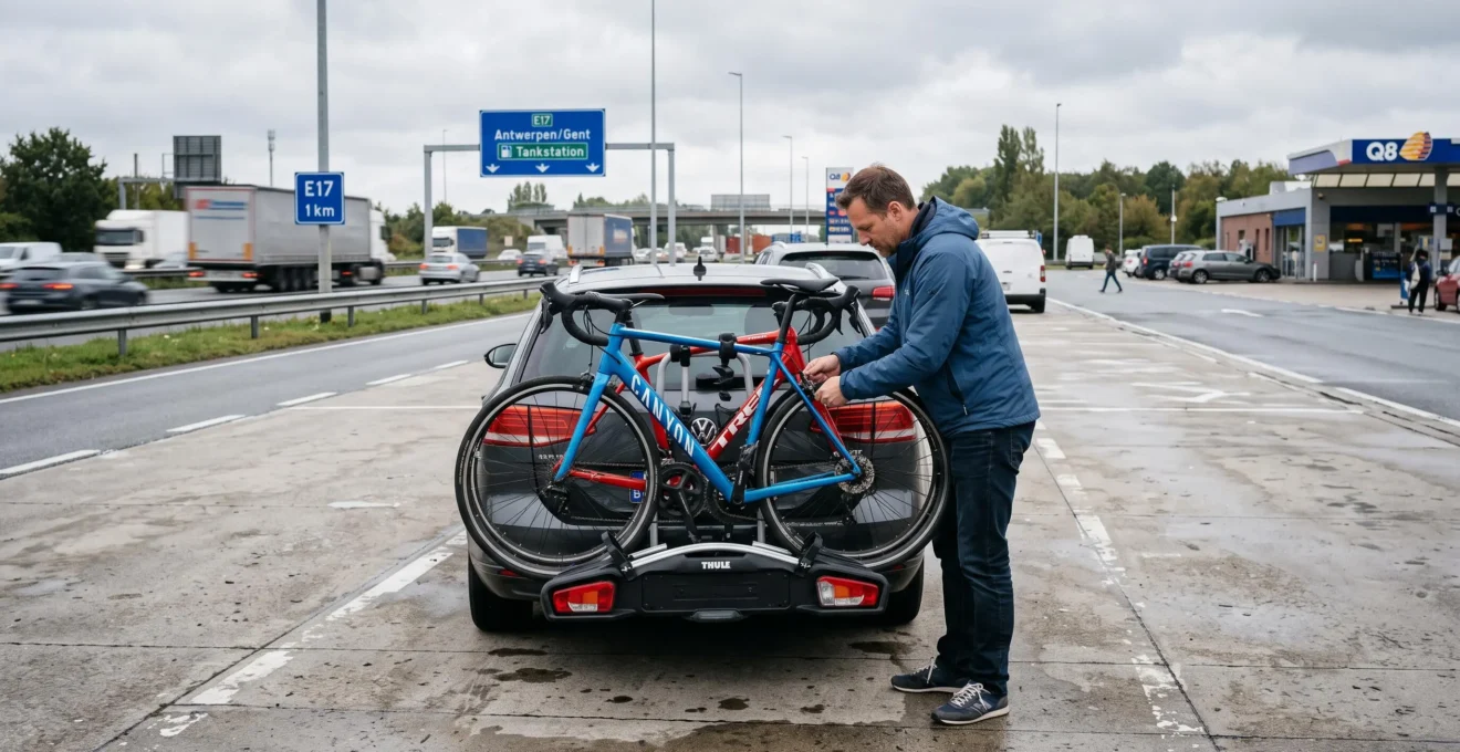 Un automobiliste resserre les sangles d'un porte-vélos sur attelage chargé de deux vélos, sur une aire d'autoroute belge