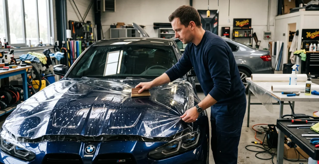 Un technicien lisse à l'aide d'une raclette un film transparent de protection de peinture sur le capot d'une voiture dans un atelier.