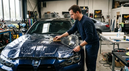 Un technicien lisse à l'aide d'une raclette un film transparent de protection de peinture sur le capot d'une voiture dans un atelier.