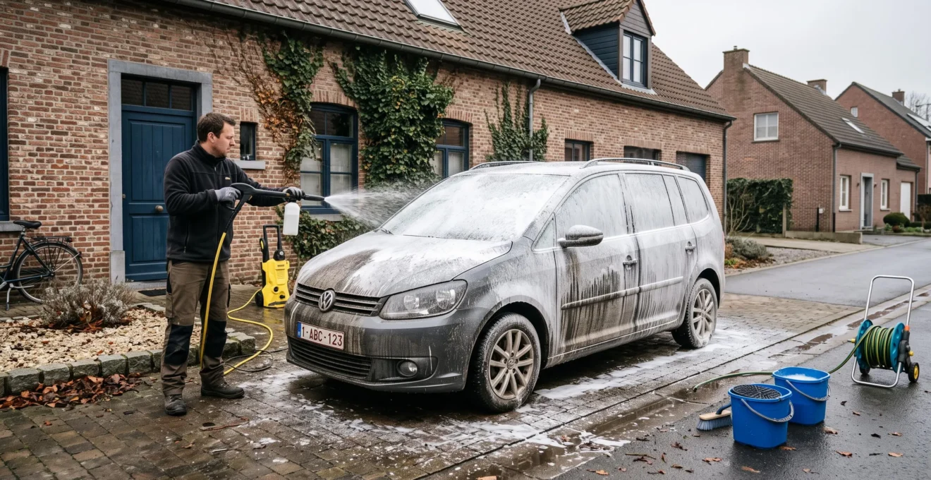 Une personne recouvre une voiture sale de mousse de prélavage avec un lance-mousse, la saleté s'écoulant le long de la carrosserie sur une allée pavée.