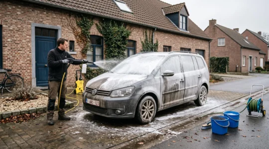 Une personne recouvre une voiture sale de mousse de prélavage avec un lance-mousse, la saleté s'écoulant le long de la carrosserie sur une allée pavée.
