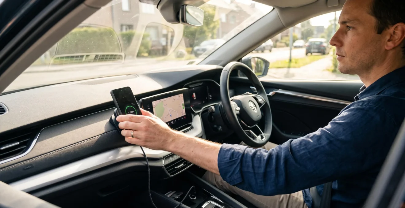 Un conducteur positionne son smartphone sur un support de recharge à induction fixé au tableau de bord d'une voiture en plein jour.
