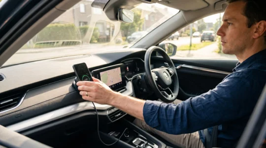 Un conducteur positionne son smartphone sur un support de recharge à induction fixé au tableau de bord d'une voiture en plein jour.