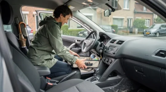 Une personne réorganise l'habitacle de sa voiture en plaçant un rangement souple dans le coffre, tableau de bord dégagé