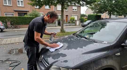 Un propriétaire pose un linge humide imbibé de produit sur une fiente d'oiseau sur le capot de sa voiture garée dans une rue résidentielle belge.