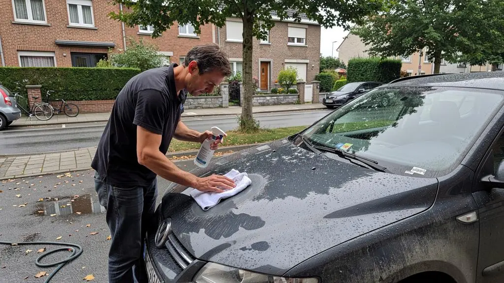 Un propriétaire pose un linge humide imbibé de produit sur une fiente d'oiseau sur le capot de sa voiture garée dans une rue résidentielle belge.