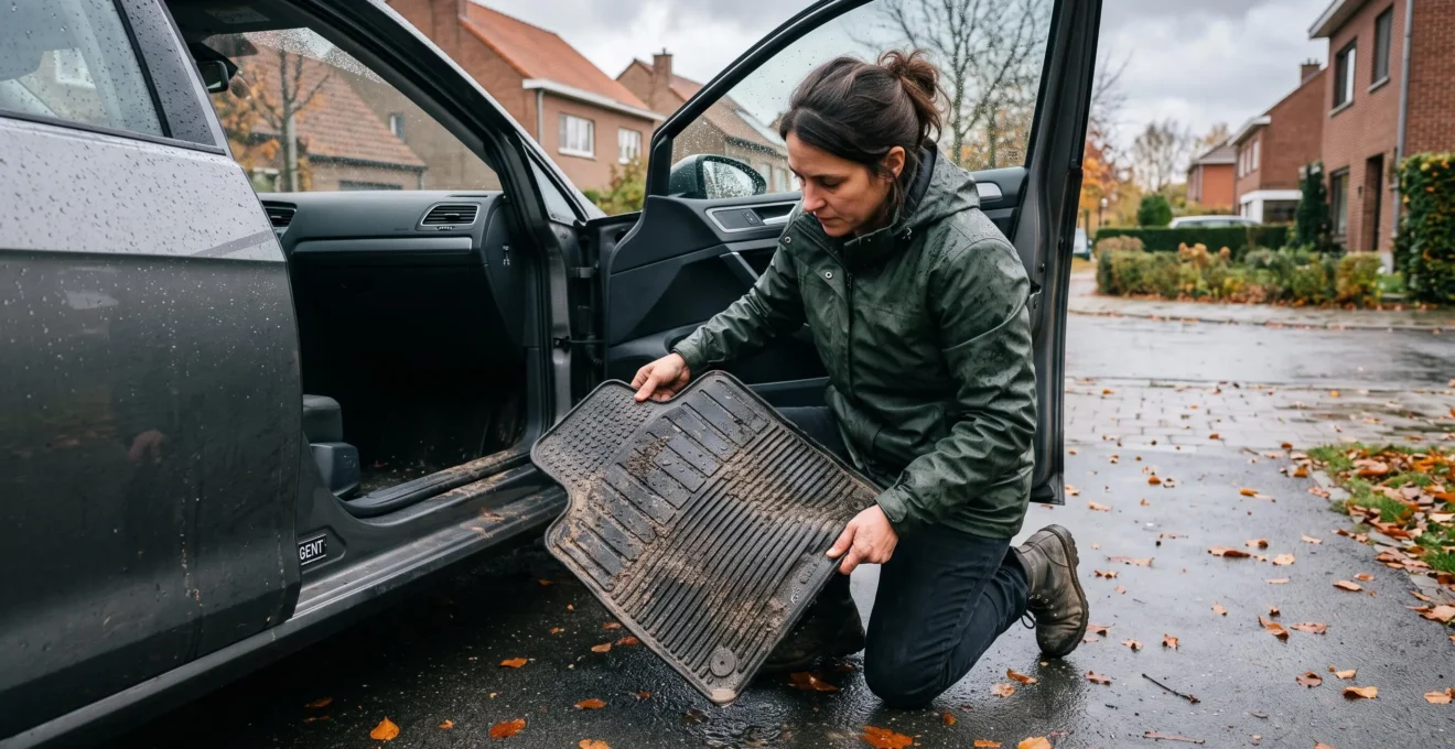 Une personne retire un tapis de sol en caoutchouc mouillé et boueux de l'habitacle d'une voiture garée sous la pluie