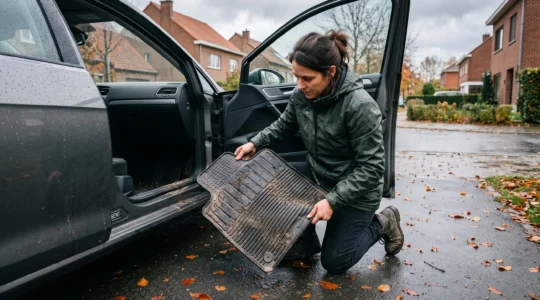 Une personne retire un tapis de sol en caoutchouc mouillé et boueux de l'habitacle d'une voiture garée sous la pluie