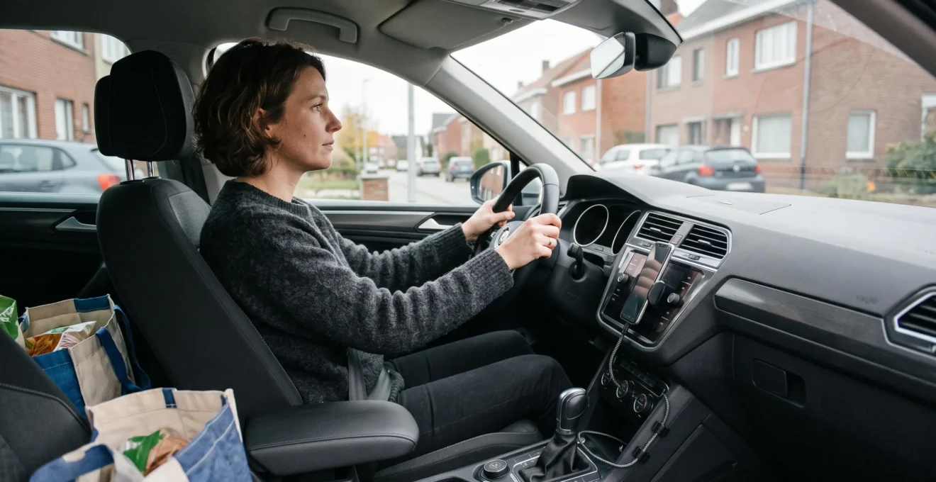 Conducteur au volant d'une voiture avec un smartphone fixé sur un support au tableau de bord, câble court relié à la prise USB.