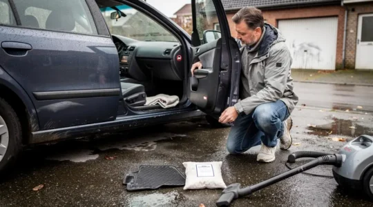 Une personne soulève un tapis de voiture mouillé et presse un chiffon sec sur la moquette pour vérifier l'humidité retenue