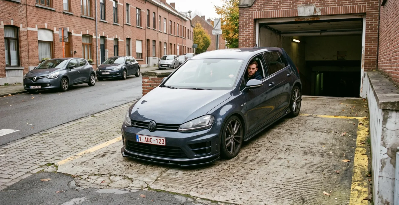 Une berline équipée d'un kit de carrosserie large franchit lentement la rampe d'entrée d'un parking souterrain, le bas de caisse très proche du béton.