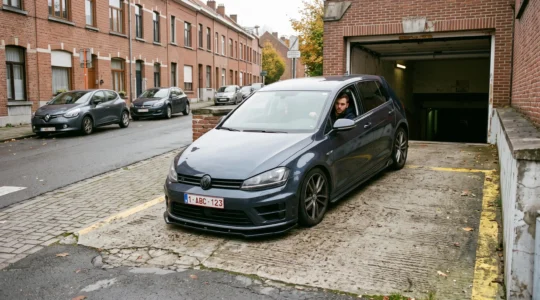 Une berline équipée d'un kit de carrosserie large franchit lentement la rampe d'entrée d'un parking souterrain, le bas de caisse très proche du béton.